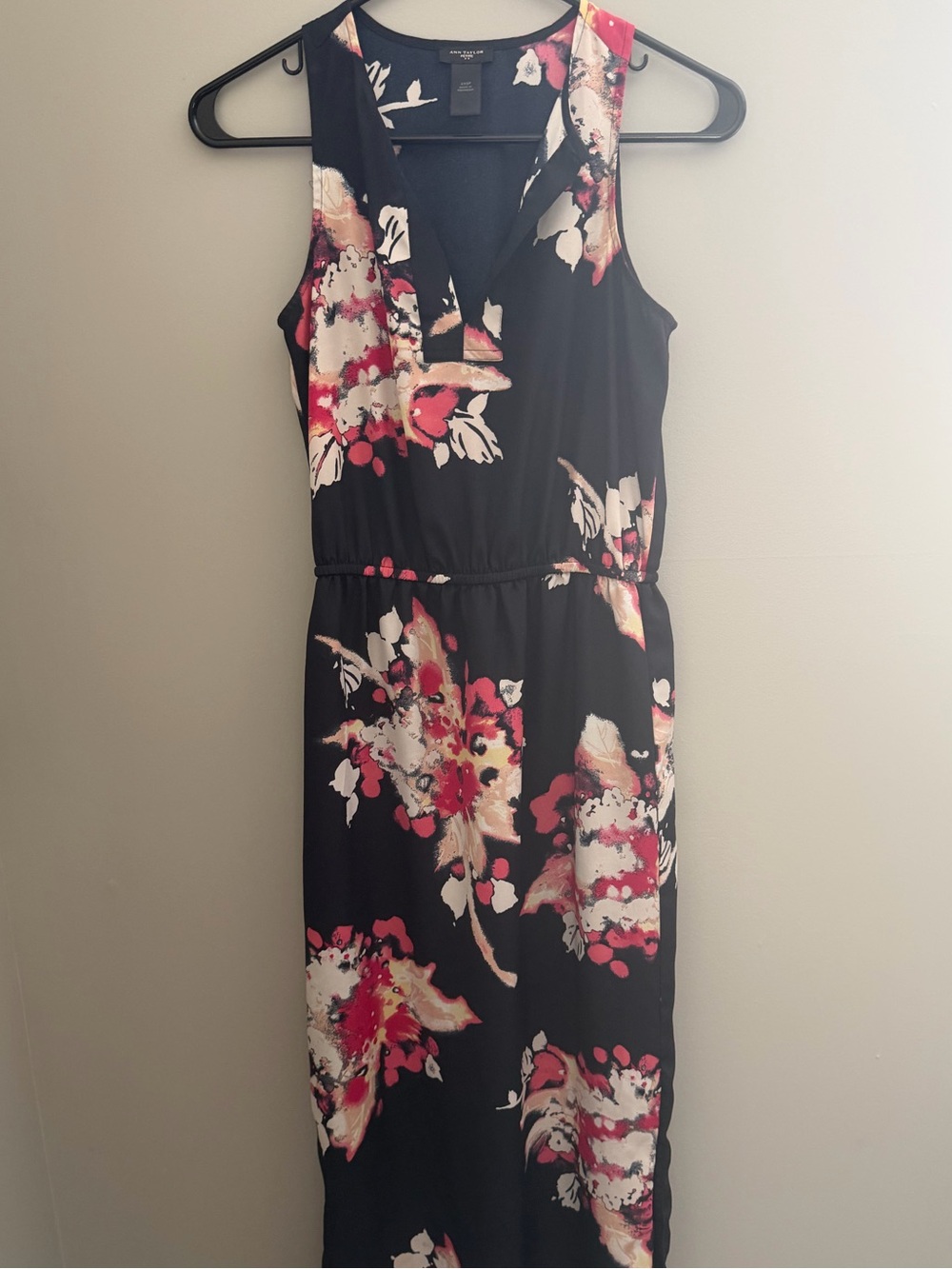 Ann Taylor Black Midi Dress with Pink and Cream Floral Print